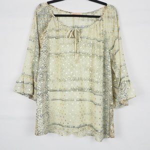 Gibson Latimer Sheer Top 3/4 Sleeves Boho Gold M